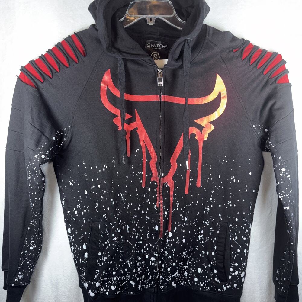Chicago Bulls Switch Remarkable Hoodie Black Ripped Splatter Paint Size 2XL XXL